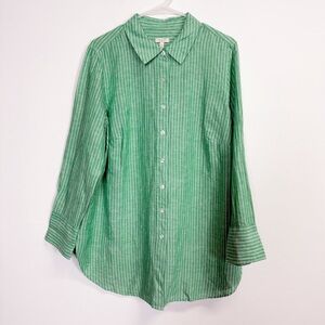 Talbots Plus Button Up Shirt Womens 1X Green White Stripe Linen Blend